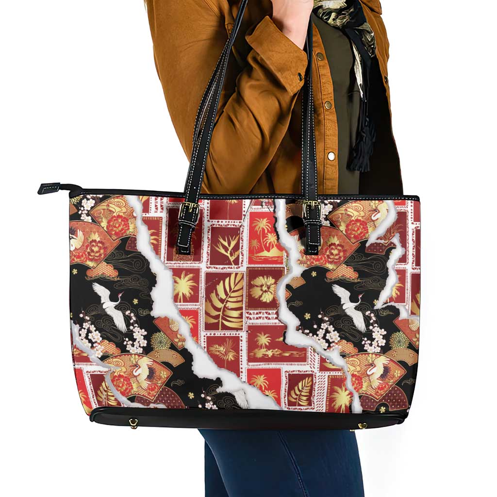 Hawaii Japanese Culture Black Leather Tote Bag Spring Cranes Aloha Pattern LT01 - Polynesian Pride