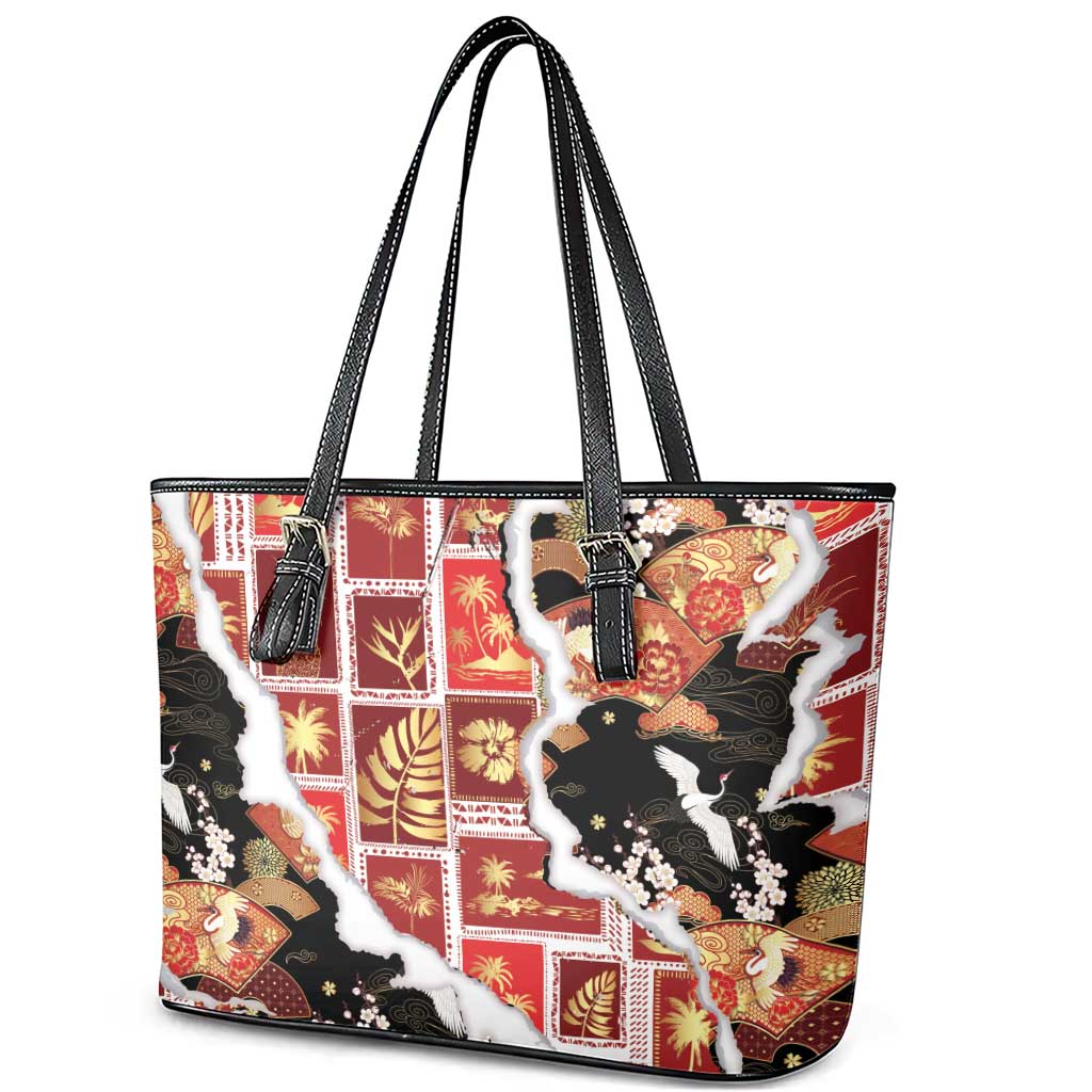 Hawaii Japanese Culture Black Leather Tote Bag Spring Cranes Aloha Pattern LT01 - Polynesian Pride