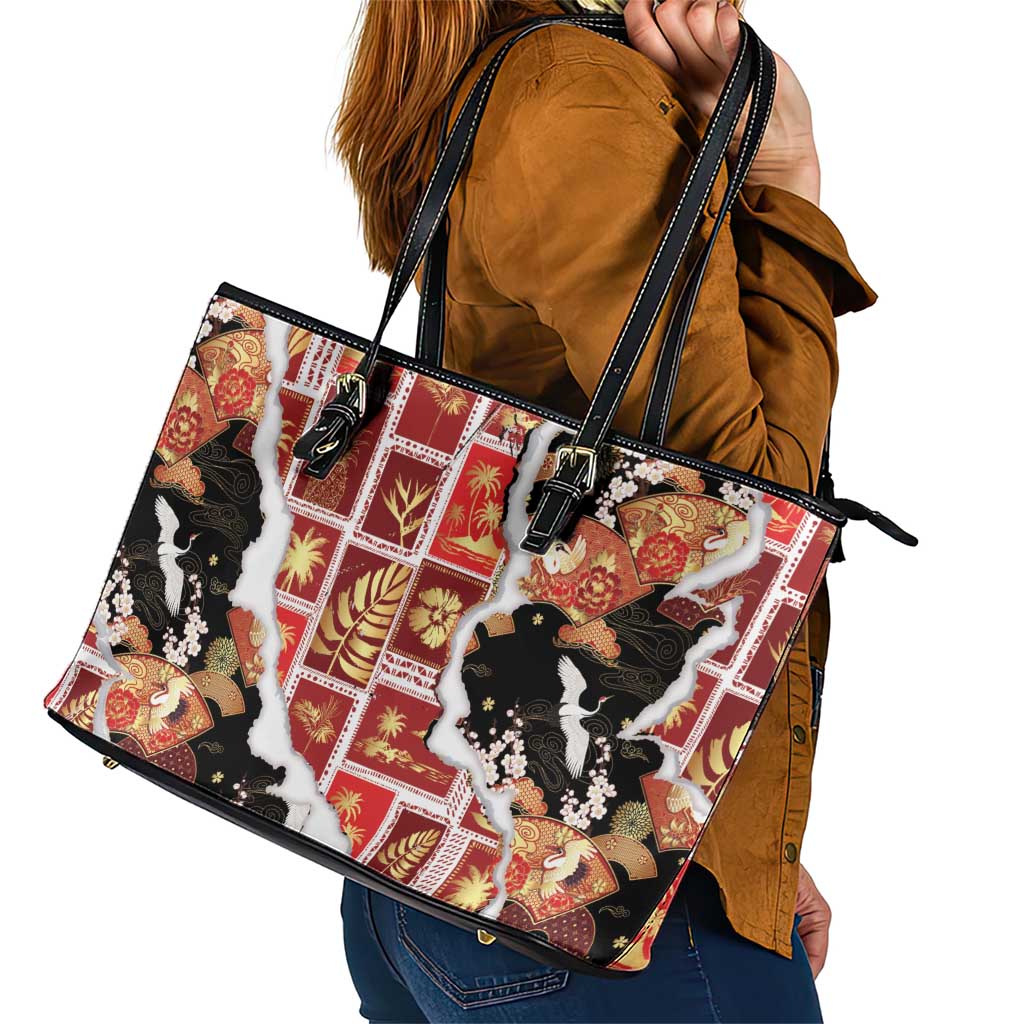 Hawaii Japanese Culture Black Leather Tote Bag Spring Cranes Aloha Pattern LT01 - Polynesian Pride