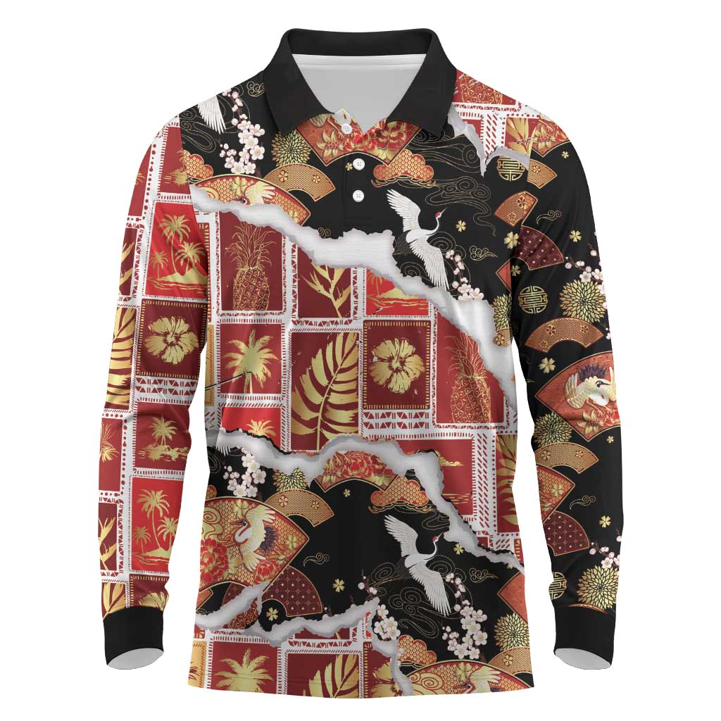 Hawaii Japanese Culture Black Long Sleeve Polo Shirt Spring Cranes Aloha Pattern LT01 Black - Polynesian Pride