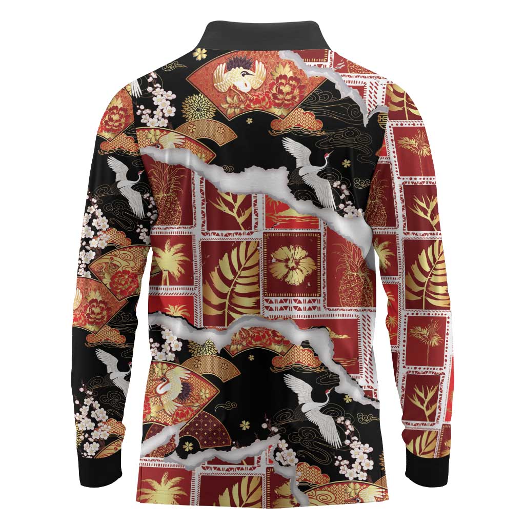 Hawaii Japanese Culture Black Long Sleeve Polo Shirt Spring Cranes Aloha Pattern LT01 - Polynesian Pride