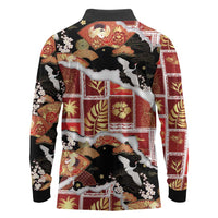 Hawaii Japanese Culture Black Long Sleeve Polo Shirt Spring Cranes Aloha Pattern LT01 - Polynesian Pride