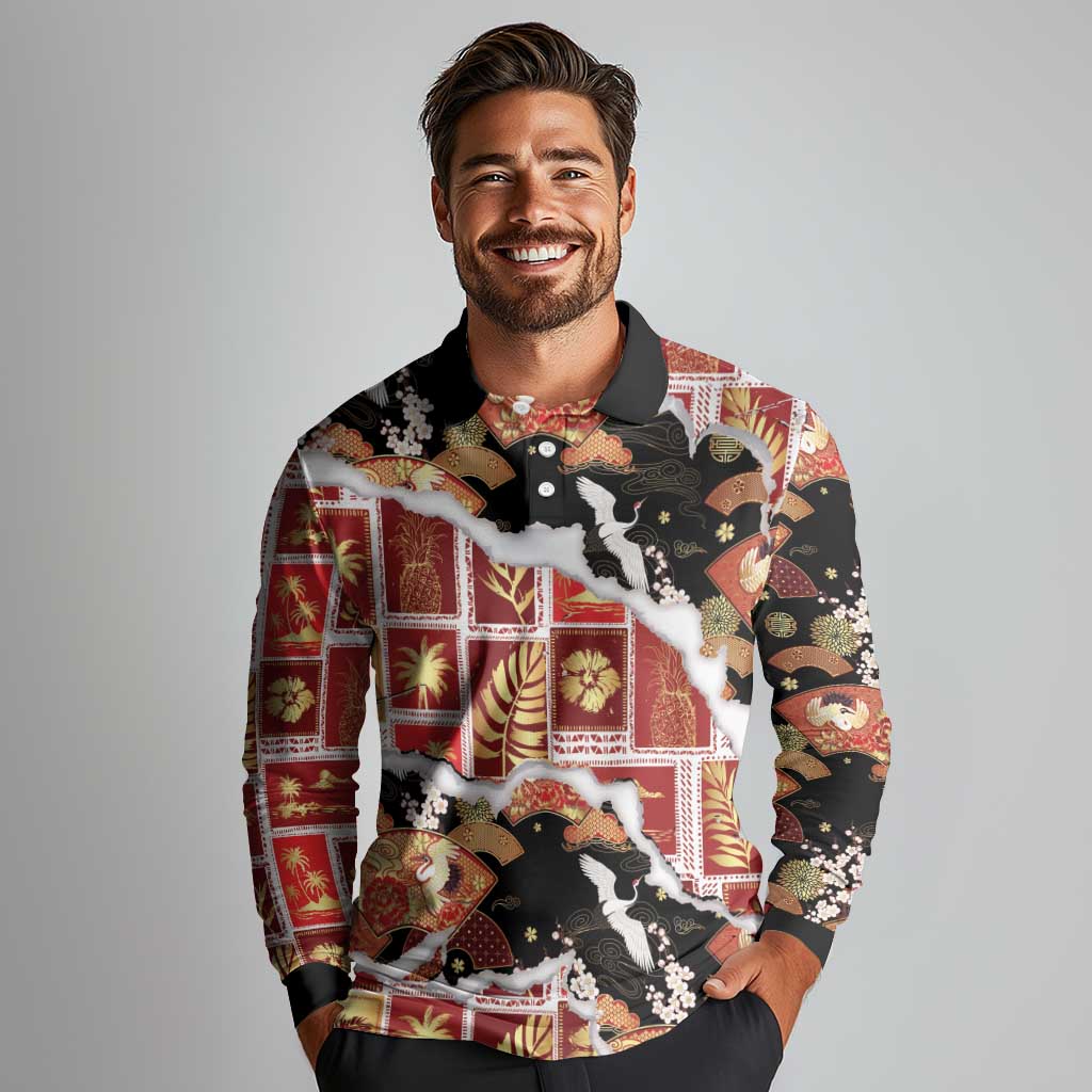 Hawaii Japanese Culture Black Long Sleeve Polo Shirt Spring Cranes Aloha Pattern LT01 - Polynesian Pride