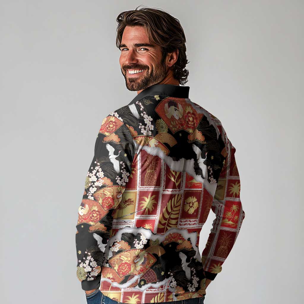 Hawaii Japanese Culture Black Long Sleeve Polo Shirt Spring Cranes Aloha Pattern LT01 - Polynesian Pride