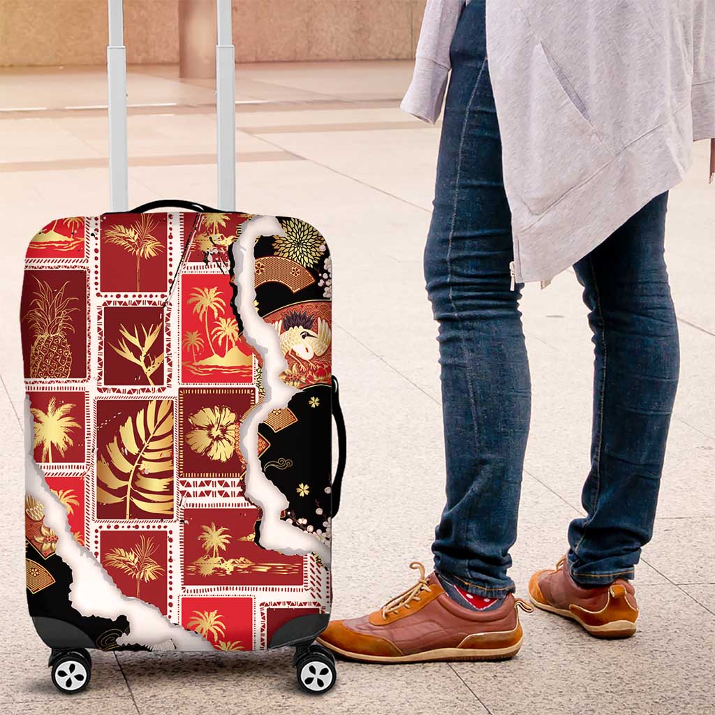 Hawaii Japanese Culture Black Luggage Cover Spring Cranes Aloha Pattern LT01 Black - Polynesian Pride