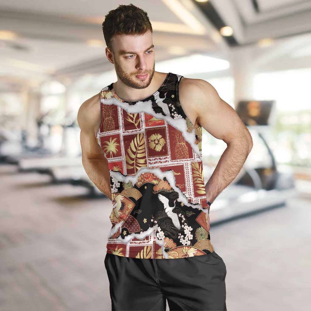 Hawaii Japanese Culture Black Men Tank Top Spring Cranes Aloha Pattern LT01 Black - Polynesian Pride