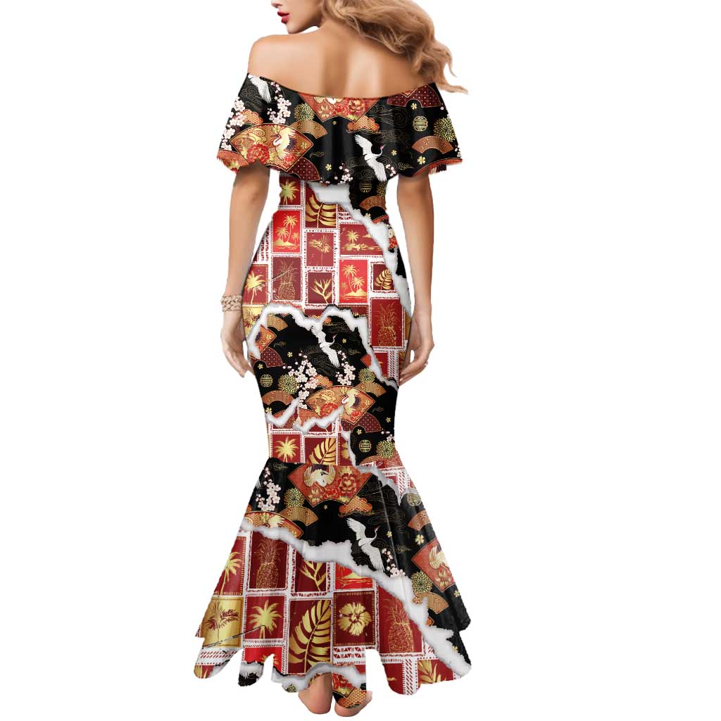 Hawaii Japanese Culture Black Mermaid Dress Spring Cranes Aloha Pattern LT01 - Polynesian Pride