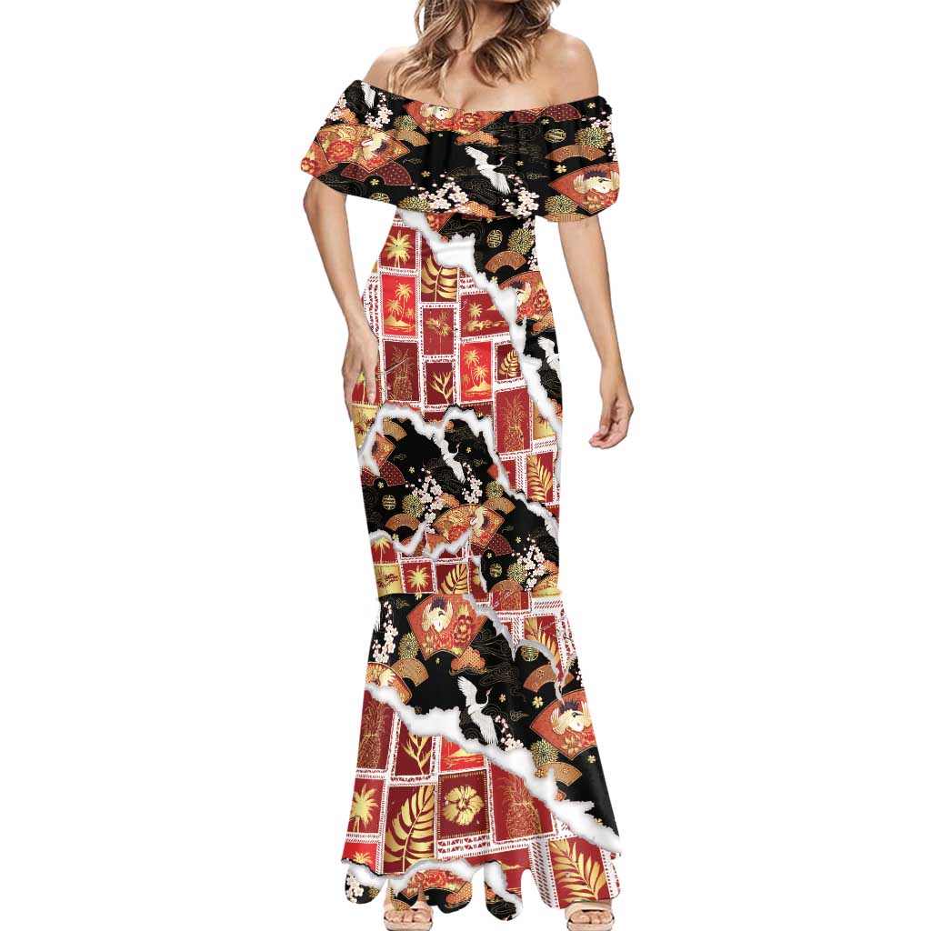 Hawaii Japanese Culture Black Mermaid Dress Spring Cranes Aloha Pattern LT01 - Polynesian Pride