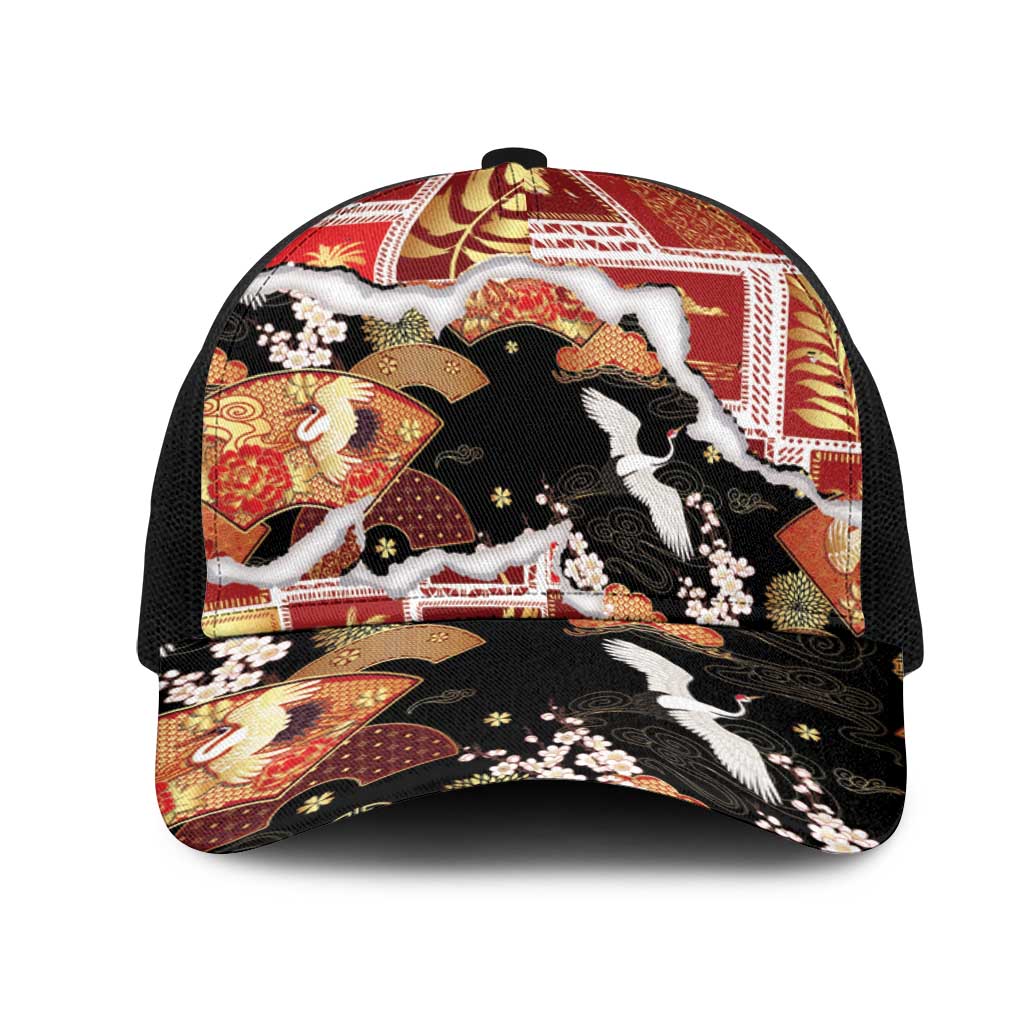 Hawaii Japanese Culture Black Mesh Trucker Cap Spring Cranes Aloha Pattern LT01 One Size Black Black - Polynesian Pride