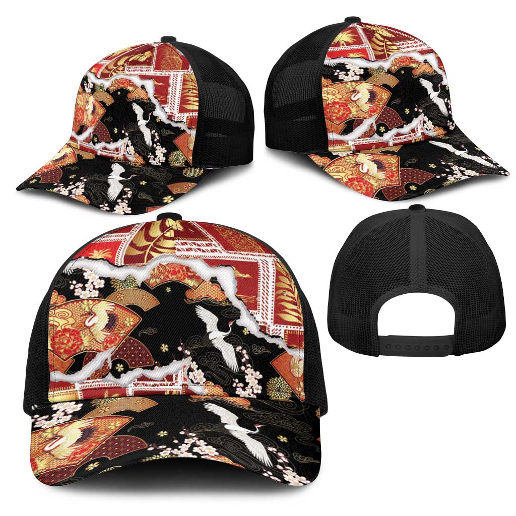 Hawaii Japanese Culture Black Mesh Trucker Cap Spring Cranes Aloha Pattern LT01 - Polynesian Pride