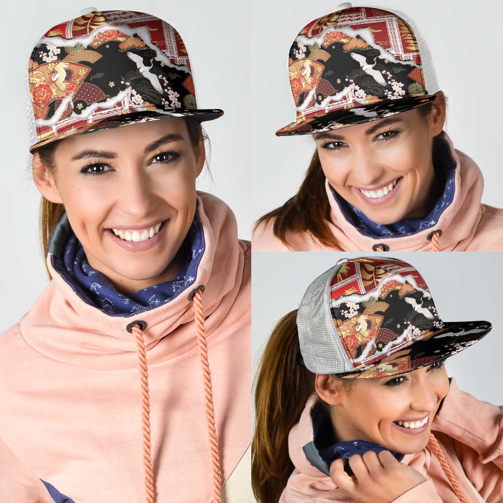 Hawaii Japanese Culture Black Mesh Trucker Cap Spring Cranes Aloha Pattern LT01 - Polynesian Pride