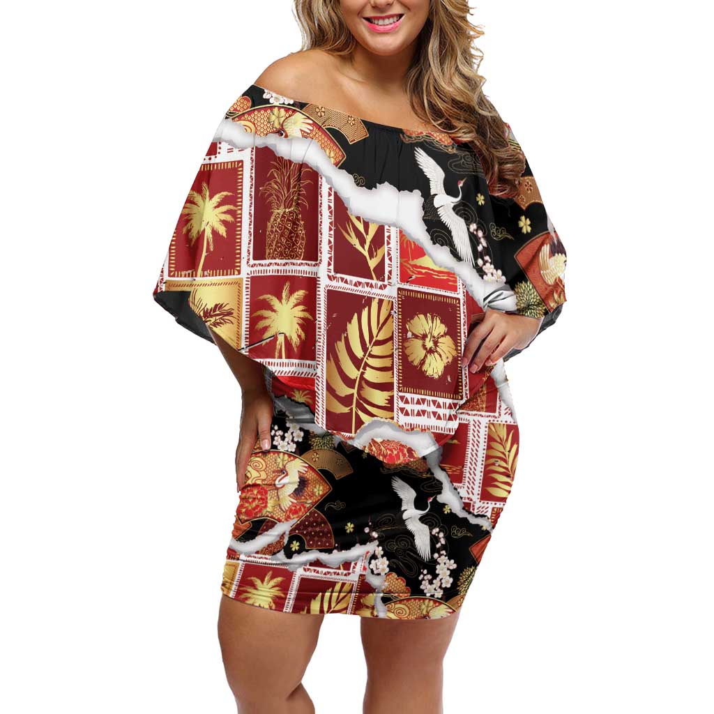 Hawaii Japanese Culture Black Off Shoulder Short Dress Spring Cranes Aloha Pattern