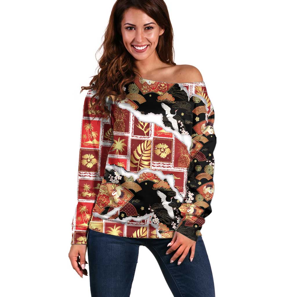 Hawaii Japanese Culture Black Off Shoulder Sweater Spring Cranes Aloha Pattern LT01 Women Black - Polynesian Pride