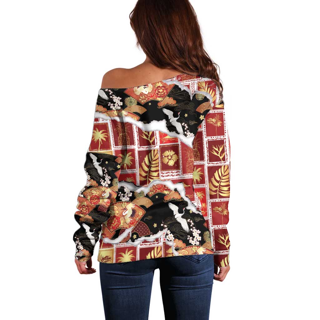 Hawaii Japanese Culture Black Off Shoulder Sweater Spring Cranes Aloha Pattern LT01 - Polynesian Pride