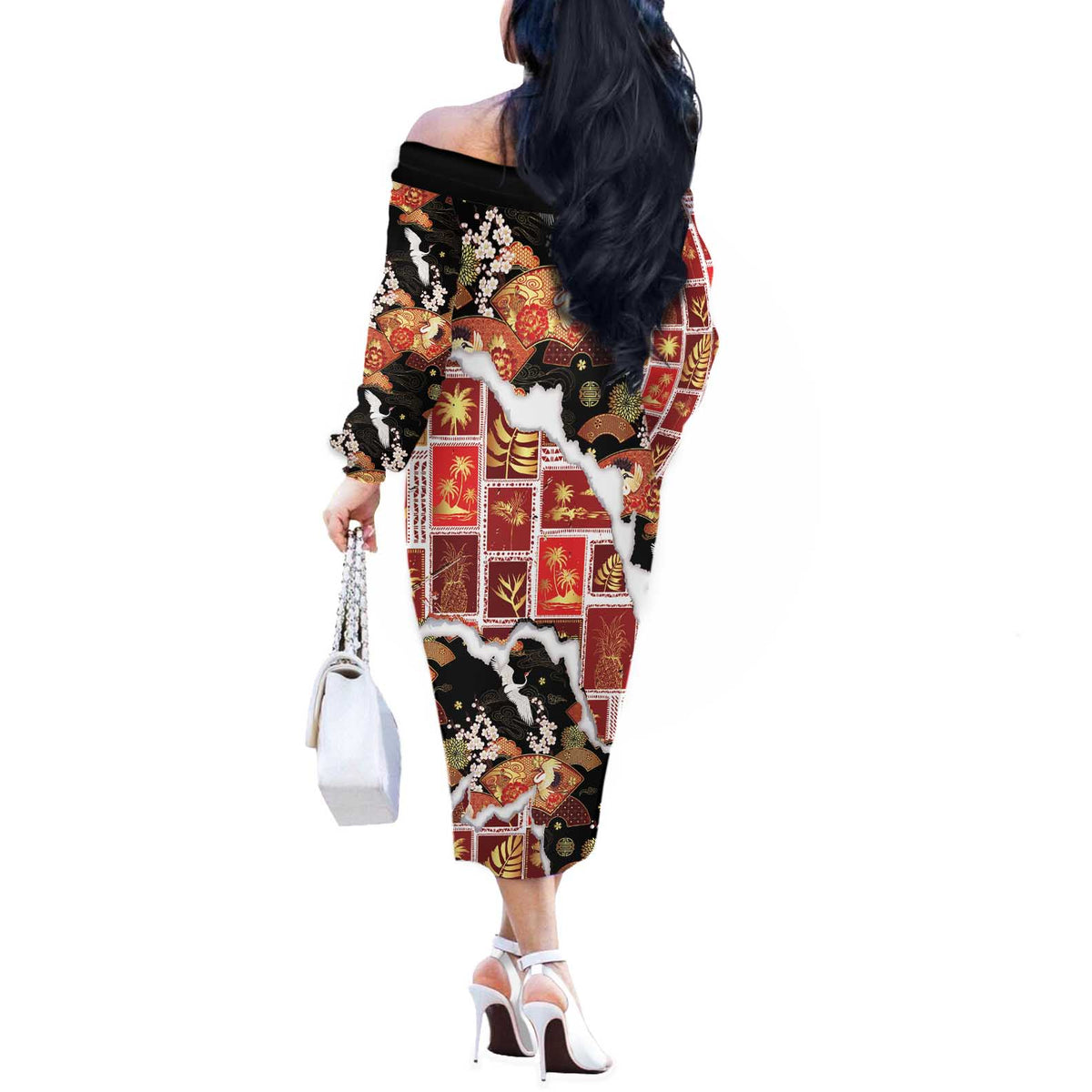 Hawaii Japanese Culture Black Off The Shoulder Long Sleeve Dress Spring Cranes Aloha Pattern LT01 - Polynesian Pride