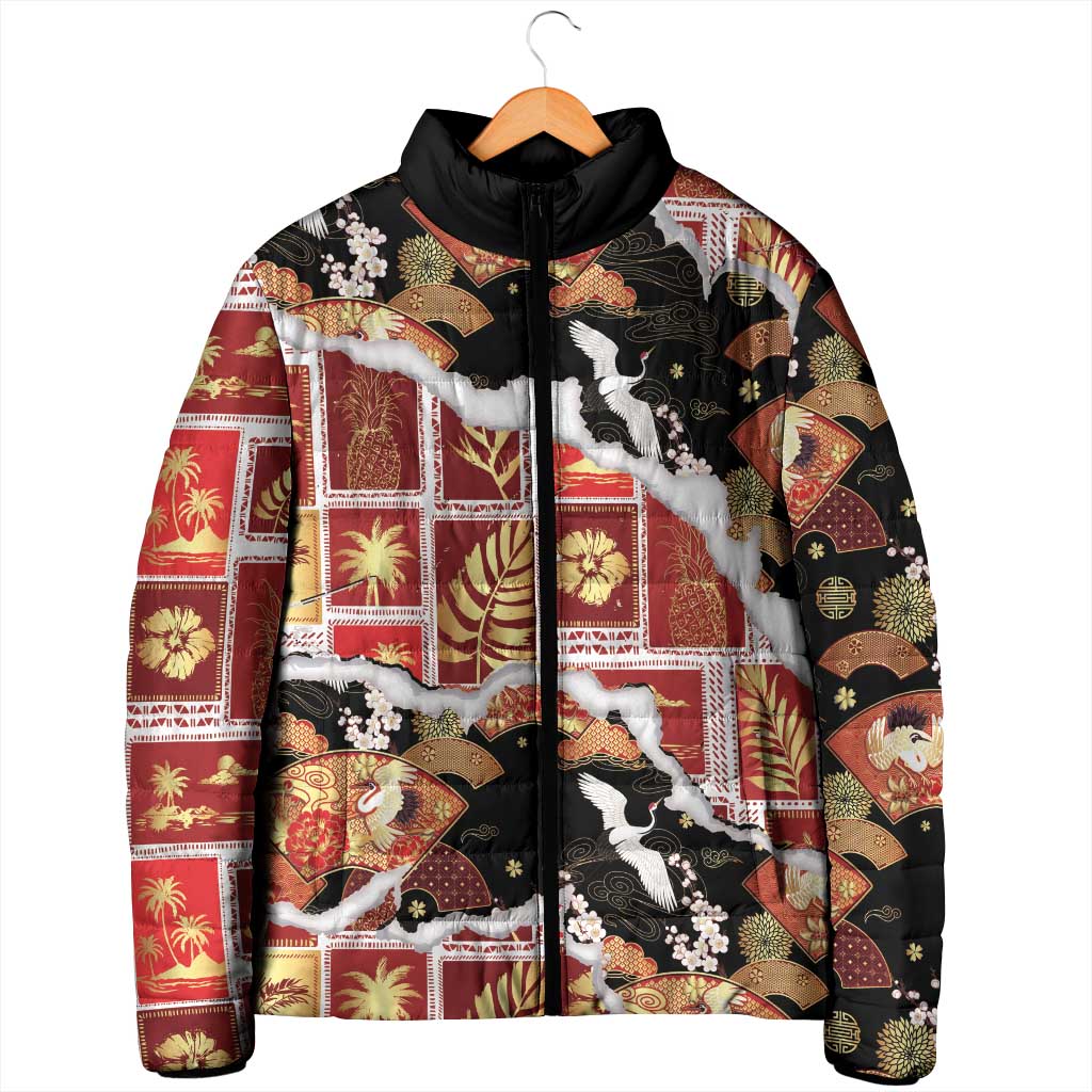 Hawaii Japanese Culture Black Padded Jacket Spring Cranes Aloha Pattern LT01 - Polynesian Pride