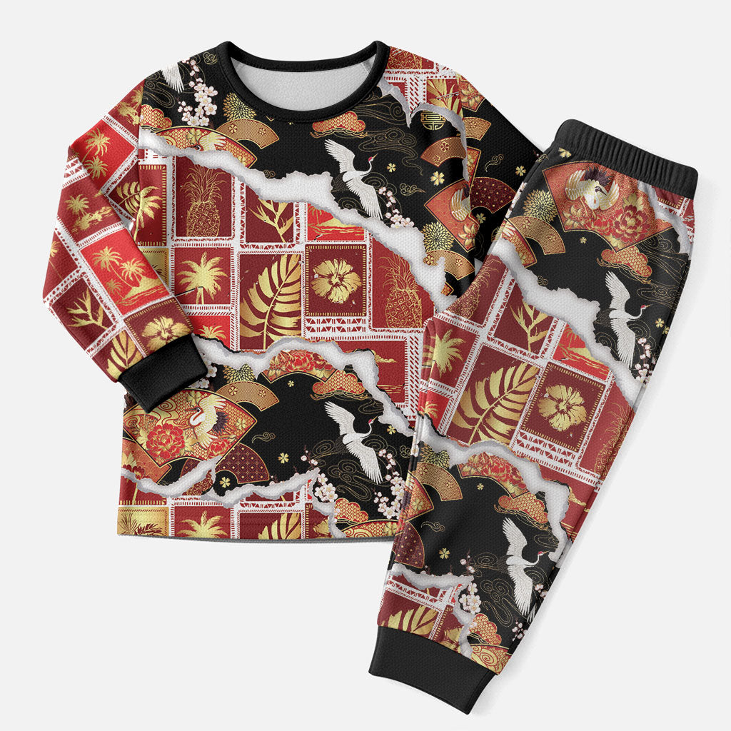 Hawaii Japanese Culture Black Christmas Pajama Set Spring Cranes Aloha Pattern