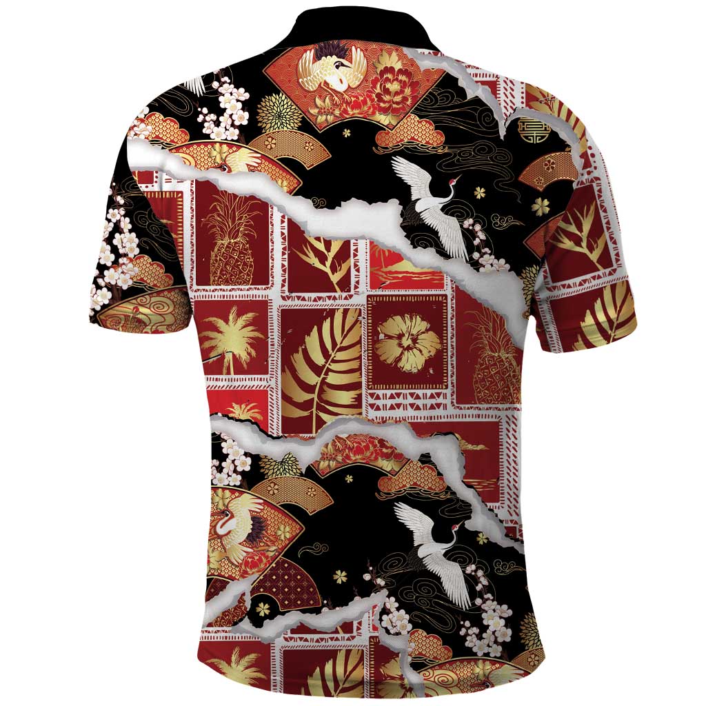 Hawaii Japanese Culture Black Polo Shirt Spring Cranes Aloha Pattern LT01 - Polynesian Pride
