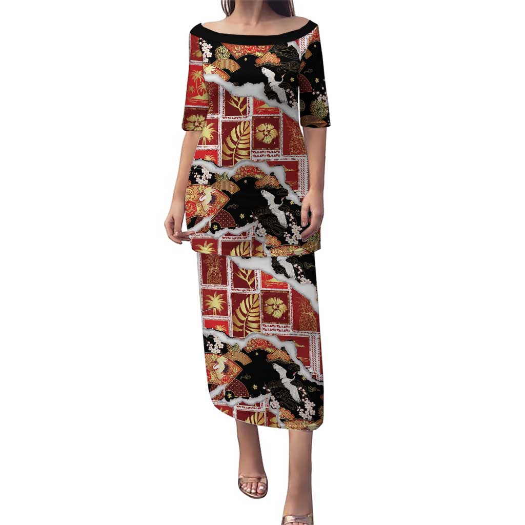 Hawaii Japanese Culture Black Puletasi Spring Cranes Aloha Pattern LT01 Long Dress Black - Polynesian Pride