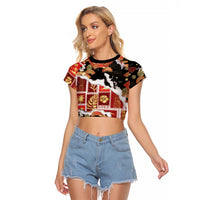 Hawaii Japanese Culture Black Raglan Cropped T Shirt Spring Cranes Aloha Pattern LT01 Female Black - Polynesian Pride