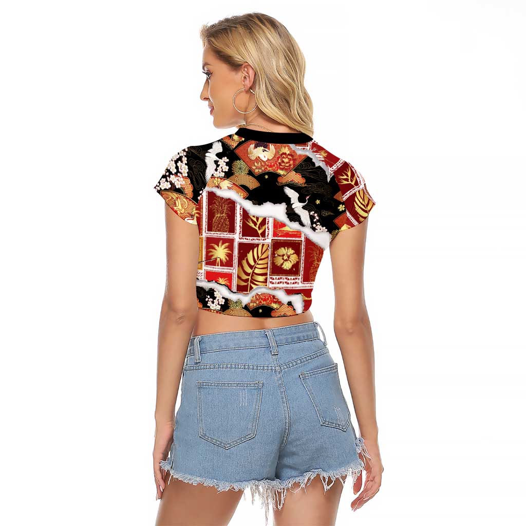 Hawaii Japanese Culture Black Raglan Cropped T Shirt Spring Cranes Aloha Pattern LT01 - Polynesian Pride