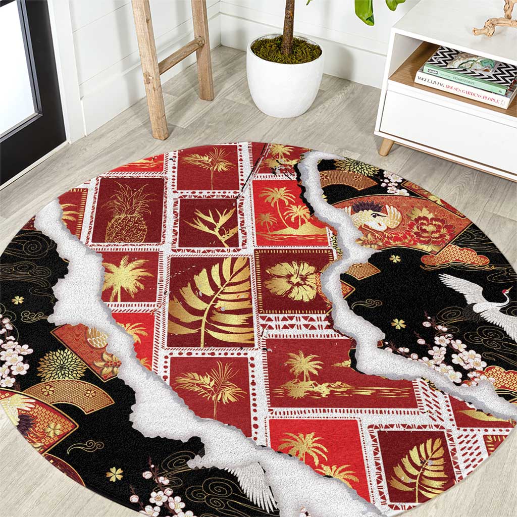 Hawaii Japanese Culture Black Round Carpet Spring Cranes Aloha Pattern LT01 Black - Polynesian Pride