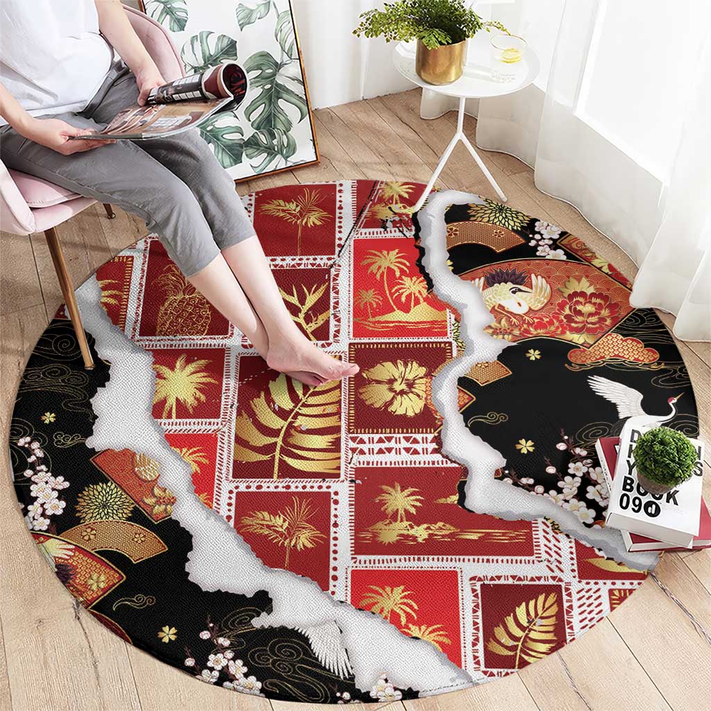 Hawaii Japanese Culture Black Round Carpet Spring Cranes Aloha Pattern LT01 - Polynesian Pride
