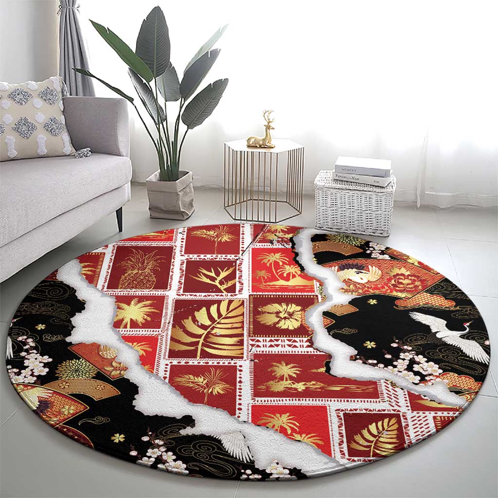 Hawaii Japanese Culture Black Round Carpet Spring Cranes Aloha Pattern LT01 - Polynesian Pride
