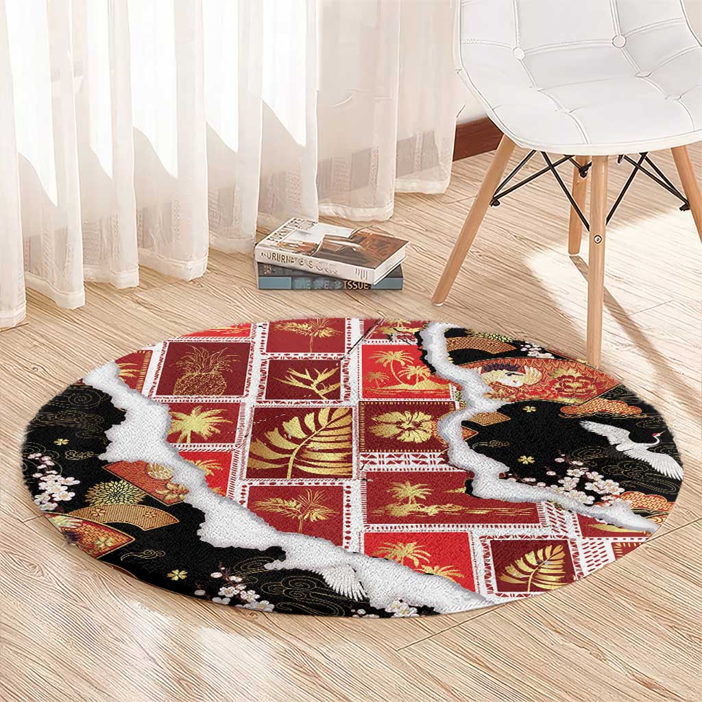 Hawaii Japanese Culture Black Round Carpet Spring Cranes Aloha Pattern LT01 - Polynesian Pride