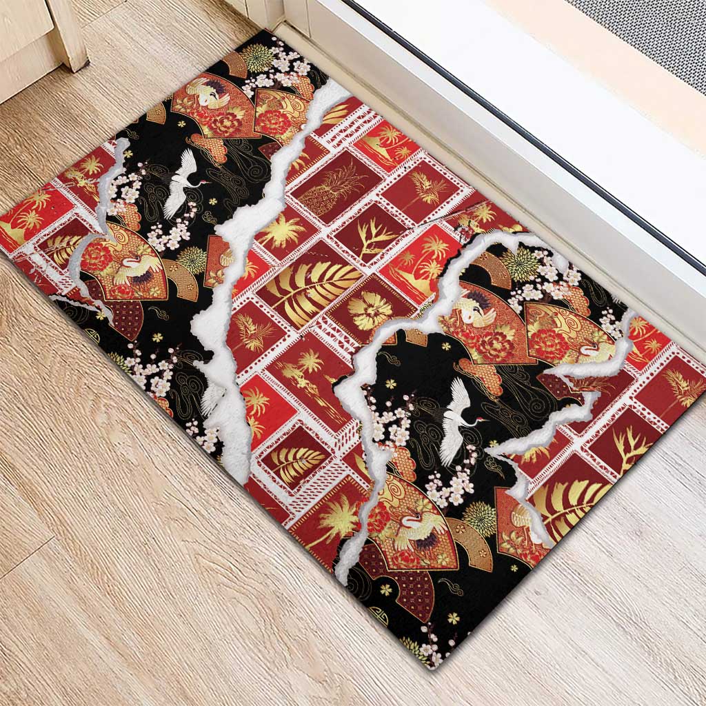 Hawaii Japanese Culture Black Rubber Doormat Spring Cranes Aloha Pattern LT01 - Polynesian Pride