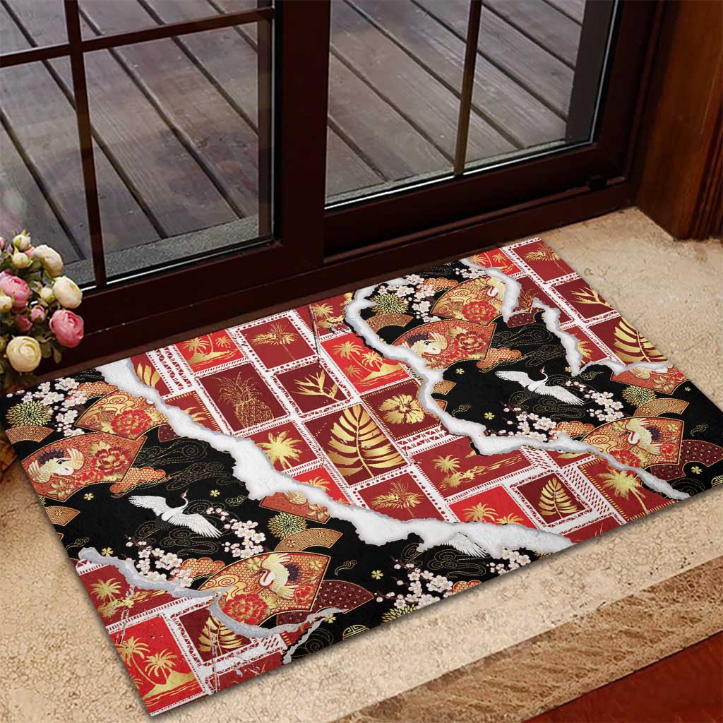 Hawaii Japanese Culture Black Rubber Doormat Spring Cranes Aloha Pattern LT01 - Polynesian Pride