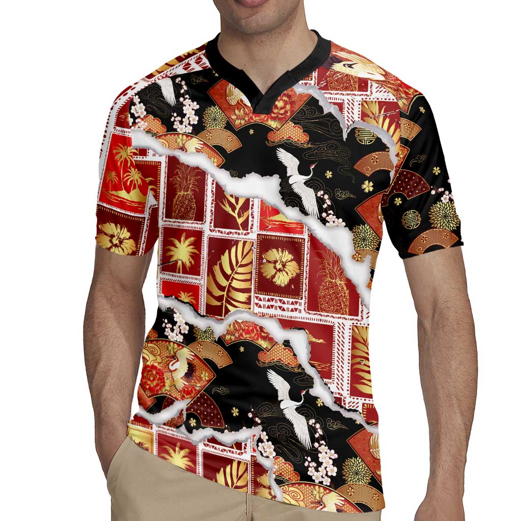Hawaii Japanese Culture Black Rugby Jersey Spring Cranes Aloha Pattern LT01 - Polynesian Pride