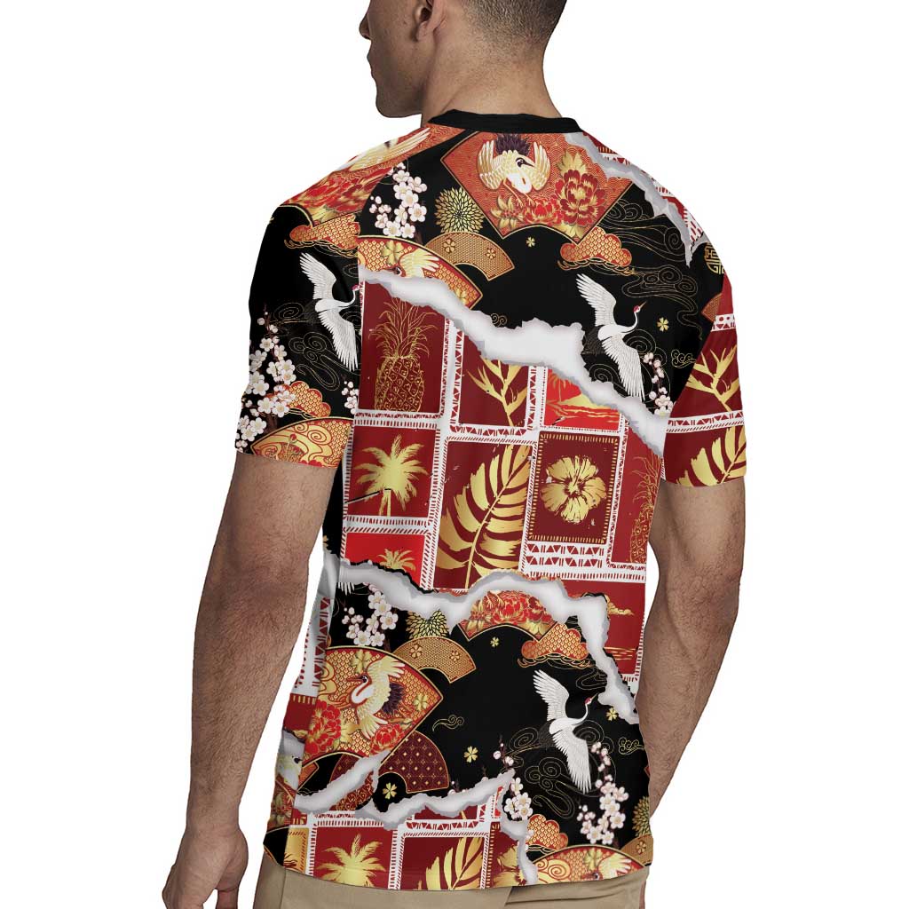 Hawaii Japanese Culture Black Rugby Jersey Spring Cranes Aloha Pattern LT01 - Polynesian Pride