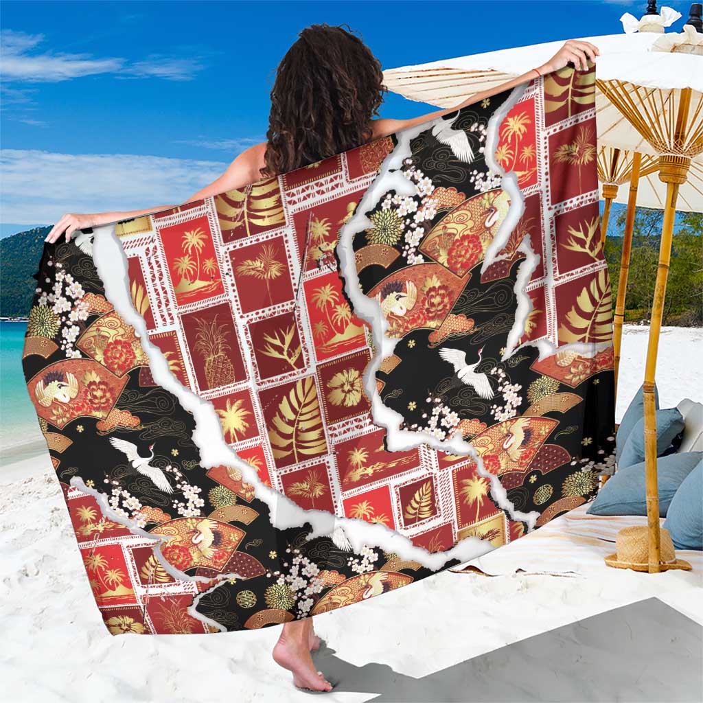 Hawaii Japanese Culture Black Sarong Spring Cranes Aloha Pattern LT01 One Size 44 x 66 inches Black - Polynesian Pride