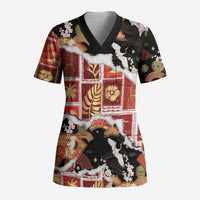 Hawaii Japanese Culture Black Scrub Top Spring Cranes Aloha Pattern LT01 Adult Black - Polynesian Pride