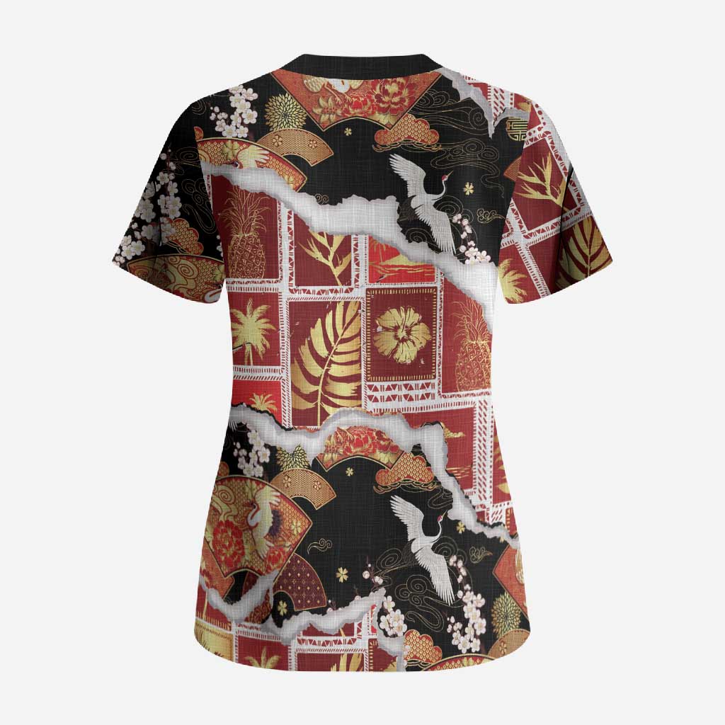 Hawaii Japanese Culture Black Scrub Top Spring Cranes Aloha Pattern LT01 - Polynesian Pride