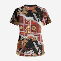 Hawaii Japanese Culture Black Scrub Top Spring Cranes Aloha Pattern LT01 - Polynesian Pride