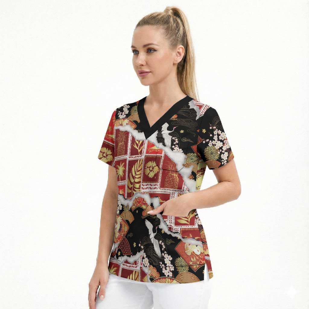 Hawaii Japanese Culture Black Scrub Top Spring Cranes Aloha Pattern LT01 - Polynesian Pride