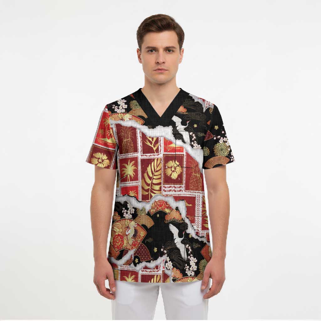 Hawaii Japanese Culture Black Scrub Top Spring Cranes Aloha Pattern LT01 - Polynesian Pride