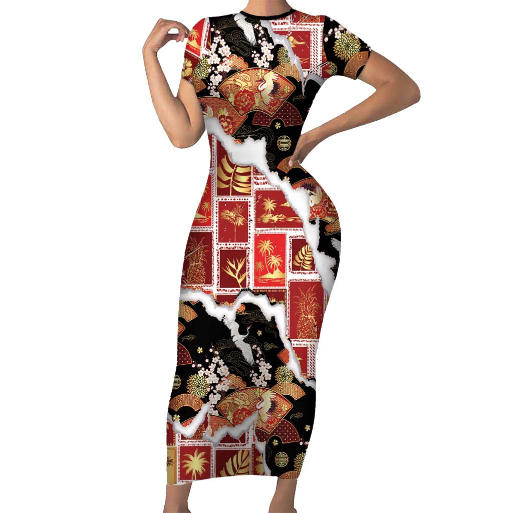 Hawaii Japanese Culture Black Short Sleeve Bodycon Dress Spring Cranes Aloha Pattern LT01 Long Dress Black - Polynesian Pride