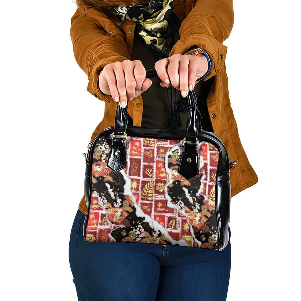 Hawaii Japanese Culture Black Shoulder Handbag Spring Cranes Aloha Pattern LT01 One Size Black - Polynesian Pride