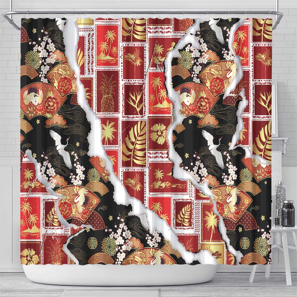 Hawaii Japanese Culture Black Shower Curtain Spring Cranes Aloha Pattern LT01 - Polynesian Pride