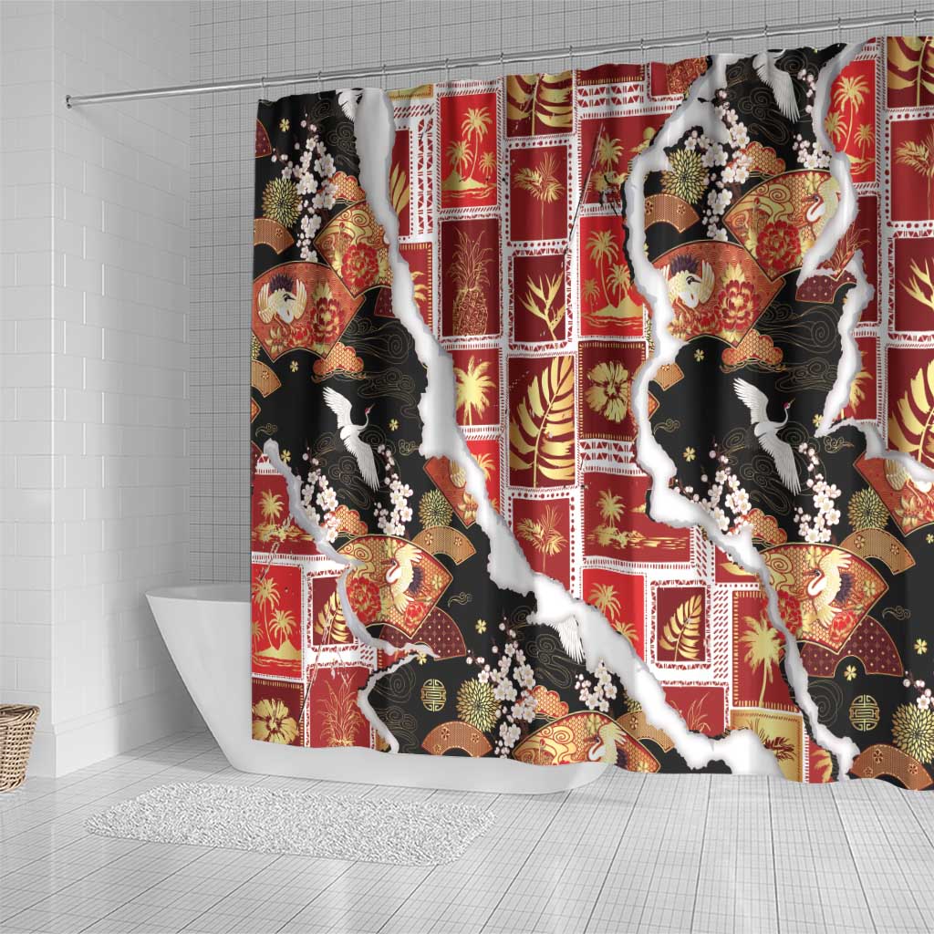 Hawaii Japanese Culture Black Shower Curtain Spring Cranes Aloha Pattern LT01 - Polynesian Pride