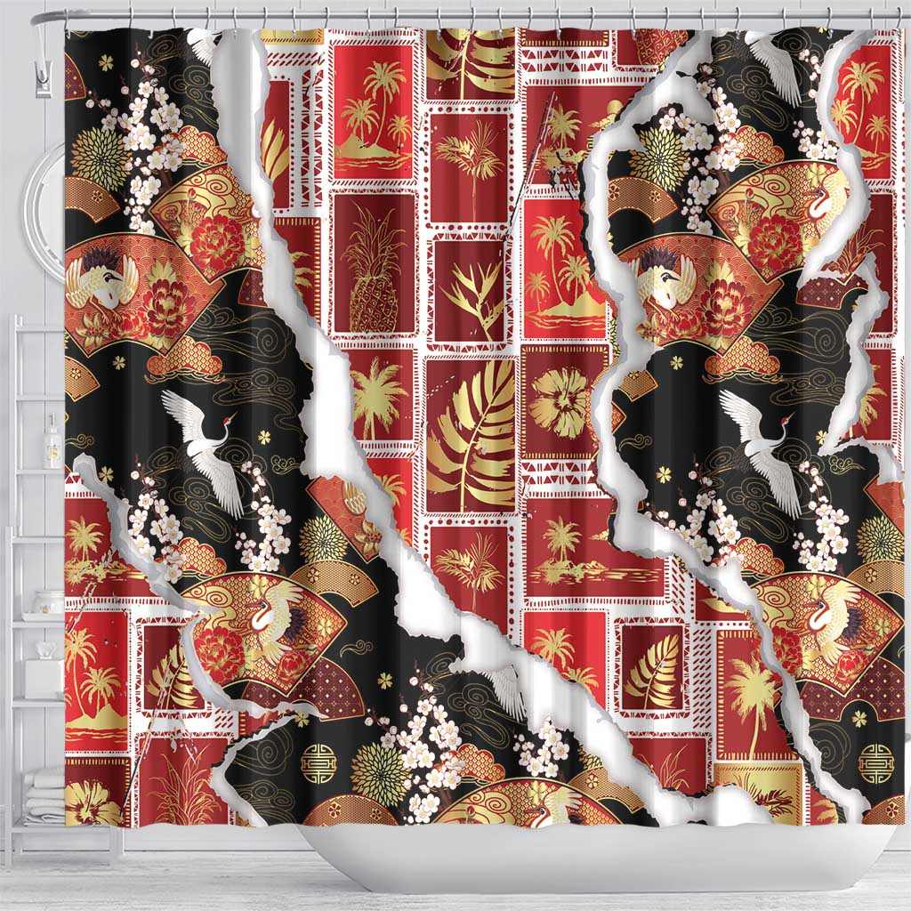 Hawaii Japanese Culture Black Shower Curtain Spring Cranes Aloha Pattern LT01 - Polynesian Pride