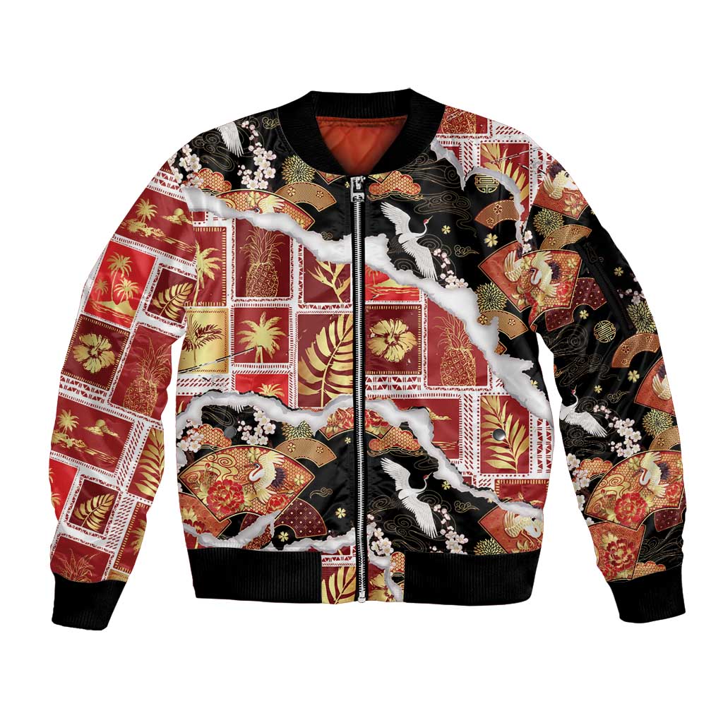 Hawaii Japanese Culture Black Sleeve Zip Bomber Jacket Spring Cranes Aloha Pattern LT01 Unisex Black - Polynesian Pride