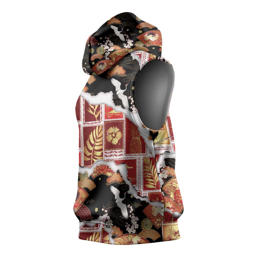 Hawaii Japanese Culture Black Sleeveless Hoodie Spring Cranes Aloha Pattern LT01 - Polynesian Pride