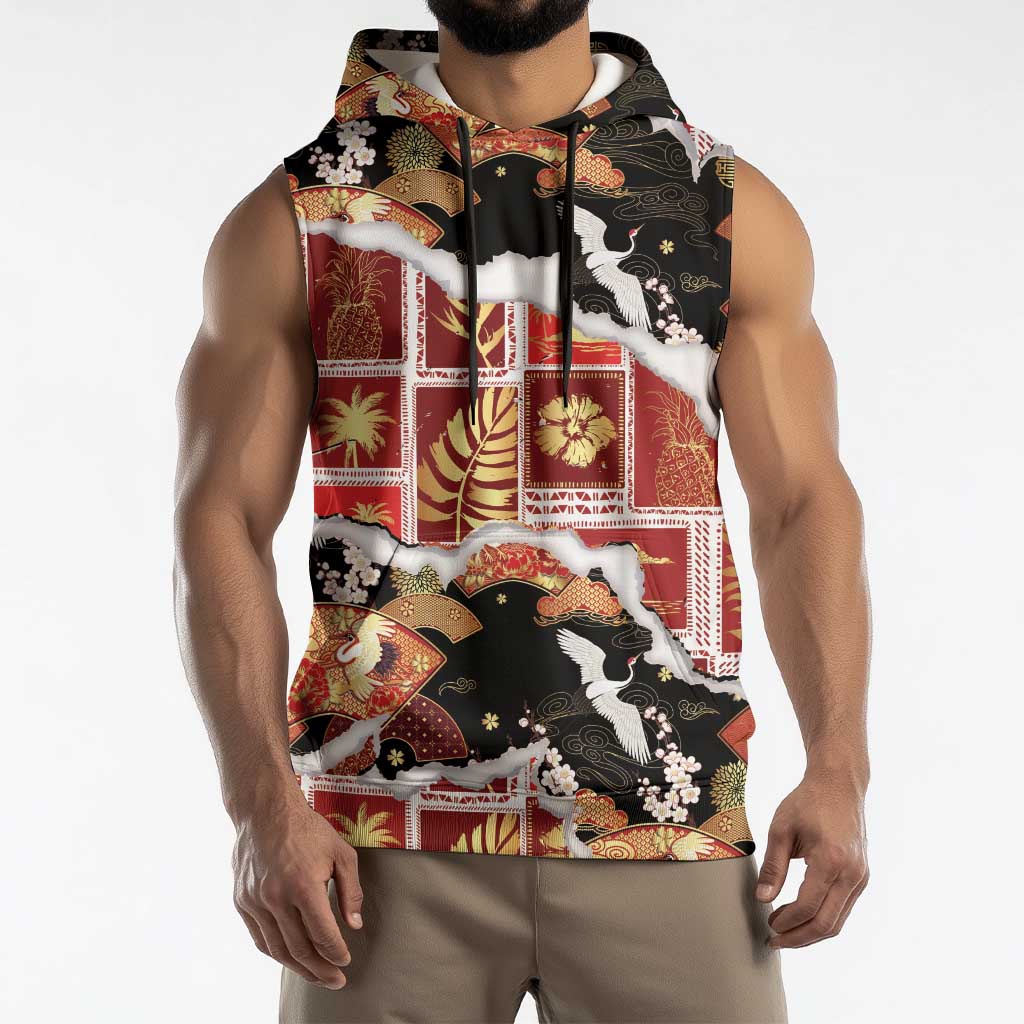 Hawaii Japanese Culture Black Sleeveless Hoodie Spring Cranes Aloha Pattern LT01 - Polynesian Pride