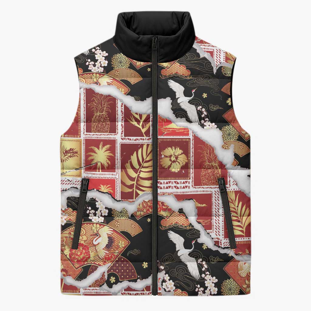 Hawaii Japanese Culture Black Sleeveless Puffer Jacket Spring Cranes Aloha Pattern LT01 Unisex Black - Polynesian Pride