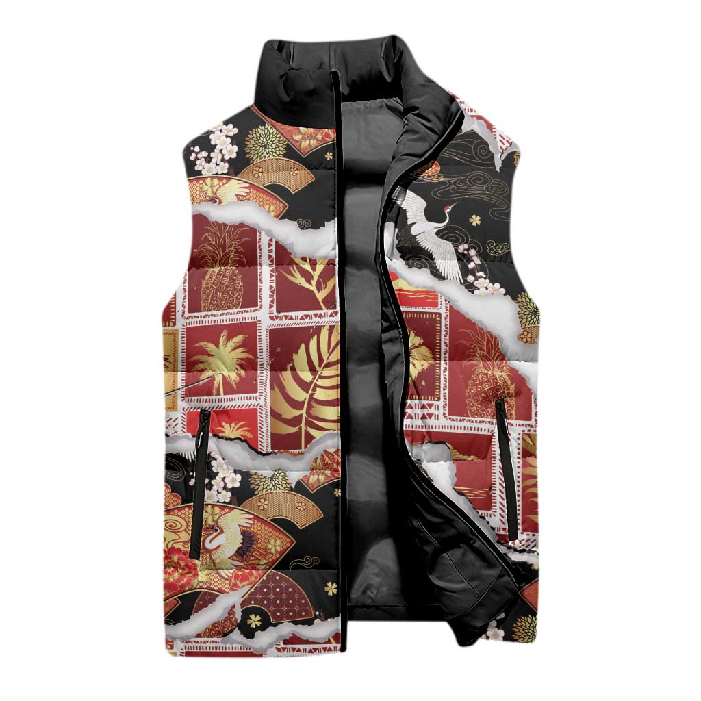 Hawaii Japanese Culture Black Sleeveless Puffer Jacket Spring Cranes Aloha Pattern LT01 - Polynesian Pride