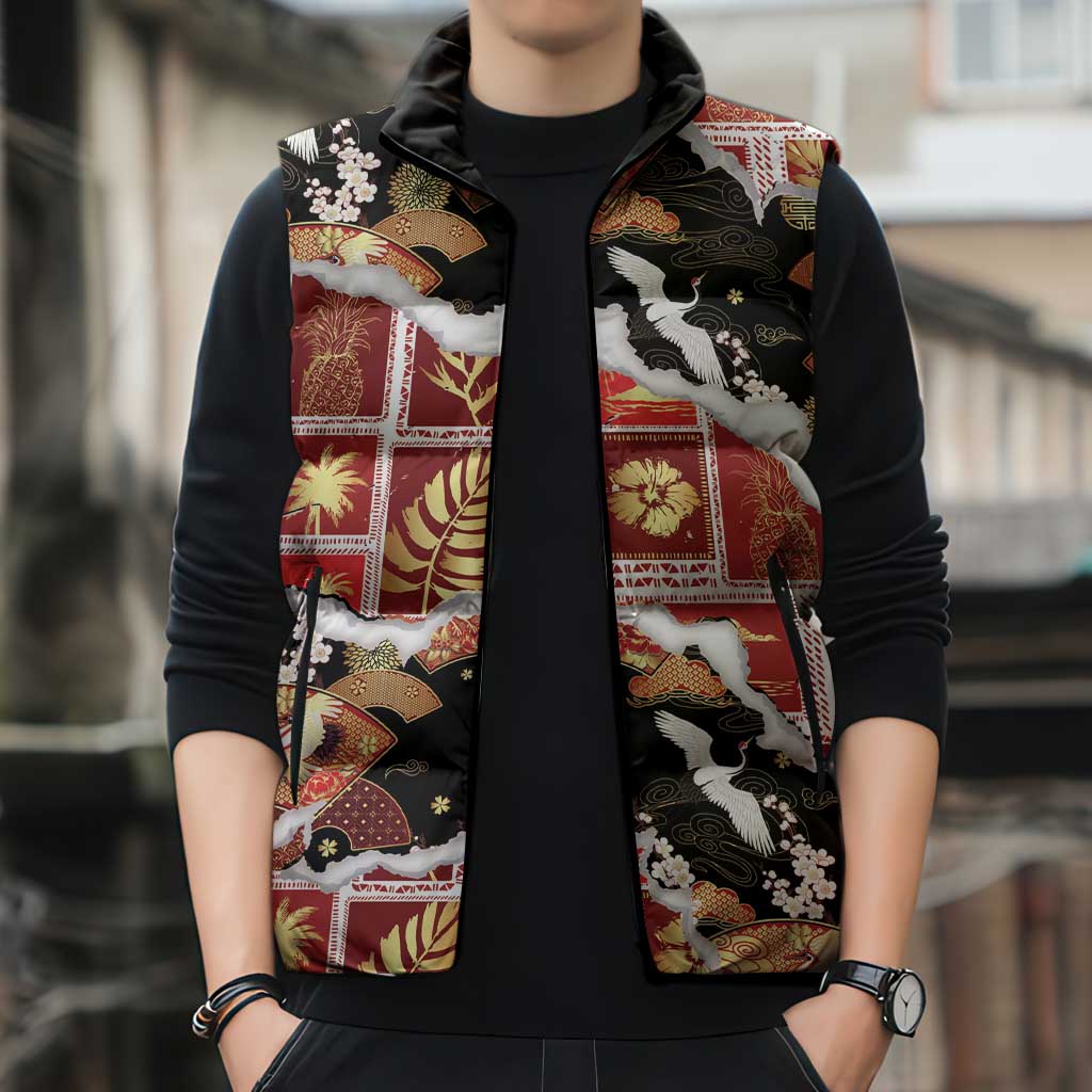 Hawaii Japanese Culture Black Sleeveless Puffer Jacket Spring Cranes Aloha Pattern LT01 - Polynesian Pride